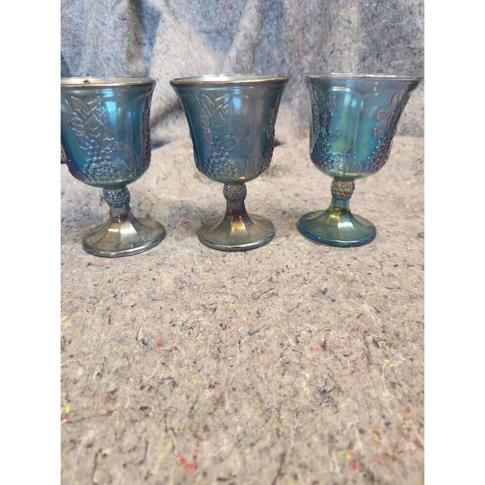 Vintage Blue Iridescent Carnival Glass 3 Goblets Set Harvest Grape Indiana 1970s